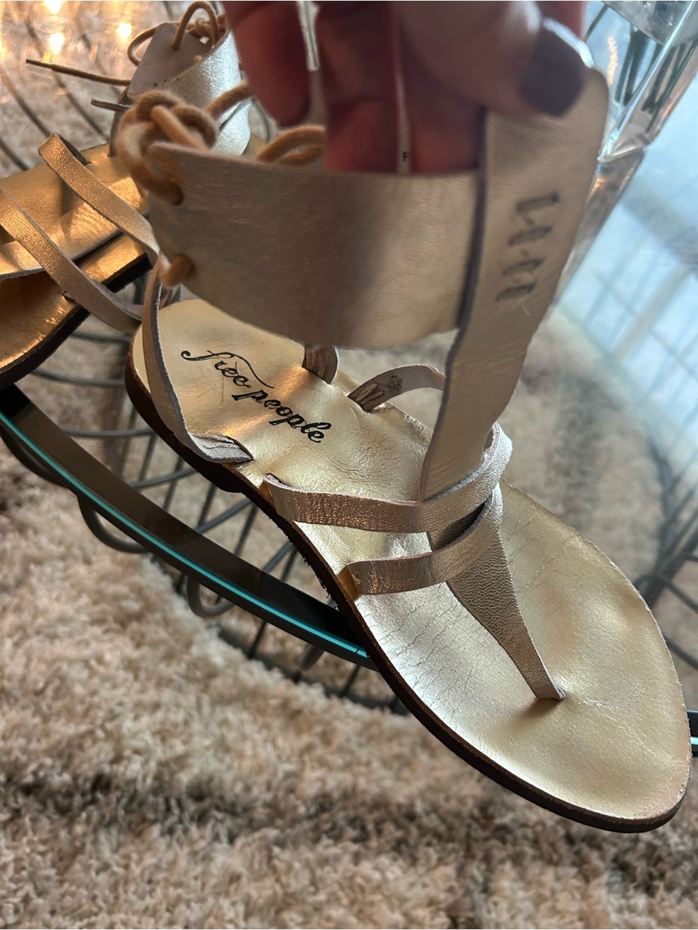 Free People Size 39 Vintage Gold Leather Vacation Day Wrap Sandal - Picture 3 of 4